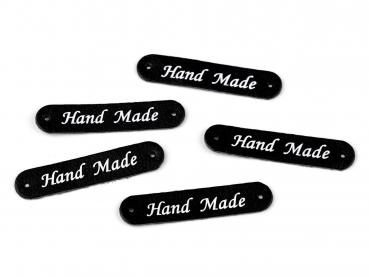 Applikation aus Kunstleder Schwarz Schrift Hand Made ca. 10x48 mm